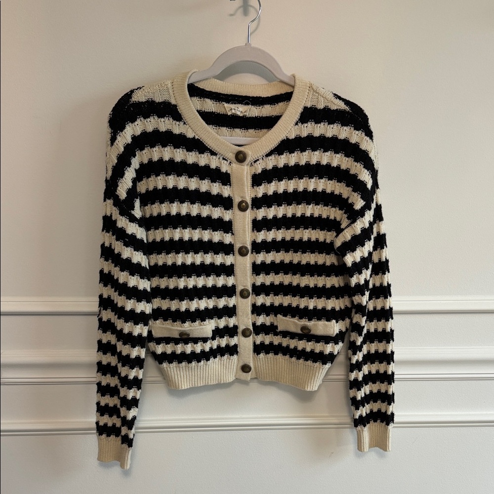 Striped Black and Cream Button-Front Women's Cardigan Sweater
